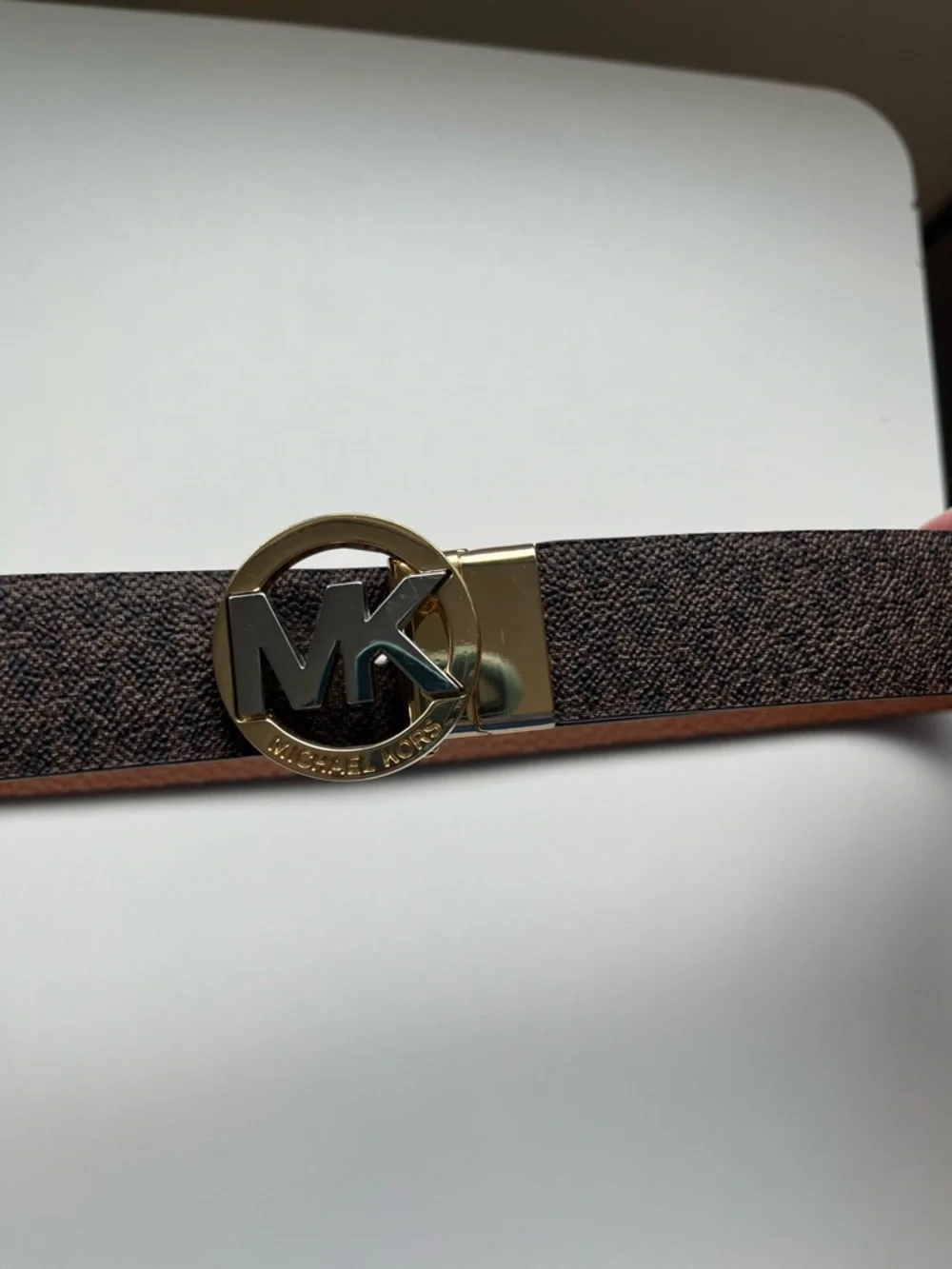Michael Kors Reversible MK Logo Belt Brown Monogram Gold Buckle 43.5”